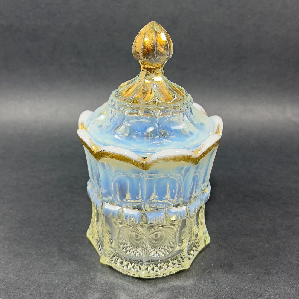 Vtg Northwood Regal White Opalescent Clear Glass Gilding Sugar Bowl Lid 1900's